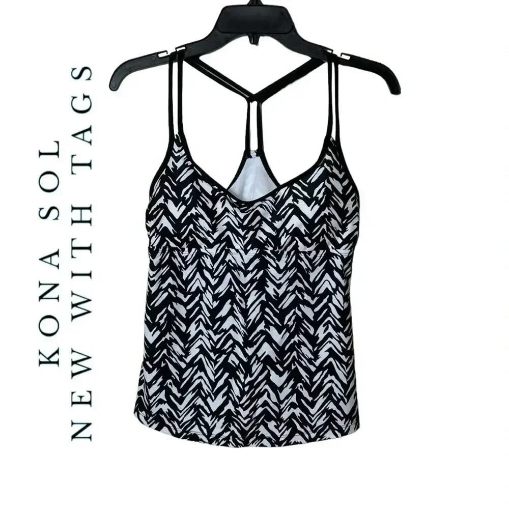 1712. KONA SOL SPAGHETTI STRAP TANKINI SWIMSUIT TOP SIZE SMALL BLACK/WHITE COLOR